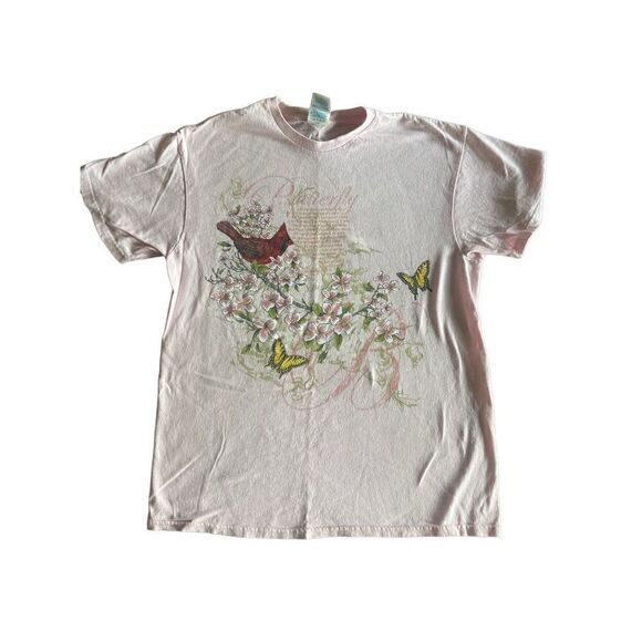 Vintage pink red bird butterfly whimsy fairy shirt - Picture 1 of 6
